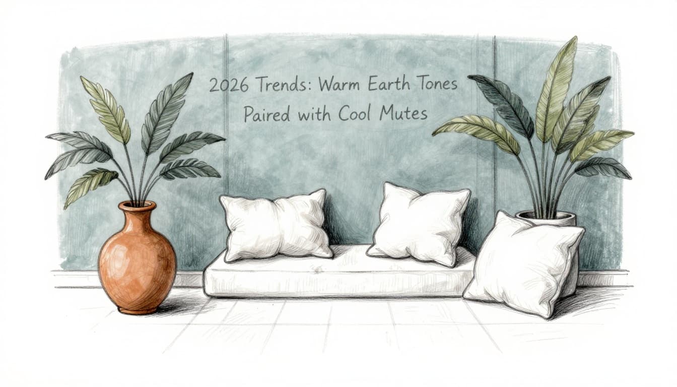 Hand-drawn graphite sketch of a cozy 2026 trend room with terracotta pillows, mustard vase on muted blue-green walls, and plants in an earth-cool palette.