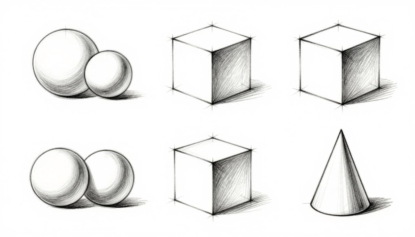 Hand-drawn graphite sketches of circle next to sphere, square next to cube, triangle next to cone; simple linework with light shading for 3D volume on clean white paper background, arranged in three pairs.