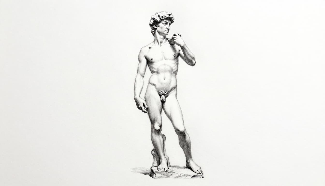 Hand-drawn graphite linework sketch of a standing male figure in contrapposto pose, demonstrating perfect 1:8 head-to-body proportions like Michelangelo's David on white paper.
