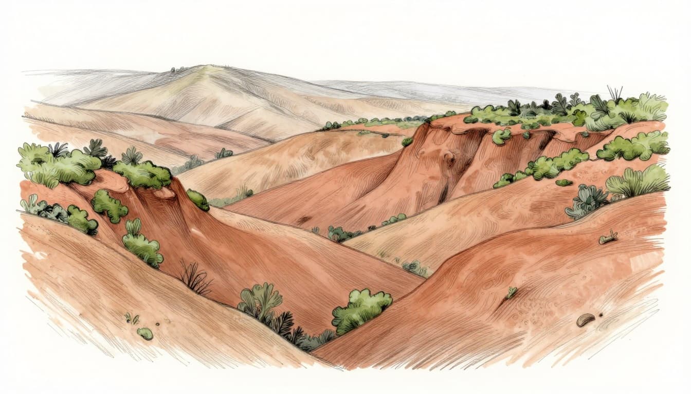 Hand-drawn graphite pencil sketch of a serene abstract wellness landscape with rolling ochre hills, clay red rock formations, and moss green foliage blending naturally. Features soft curves, layered depths, thin linework, subtle shading, and clean white background with no color fills, text, people, or extra elements.