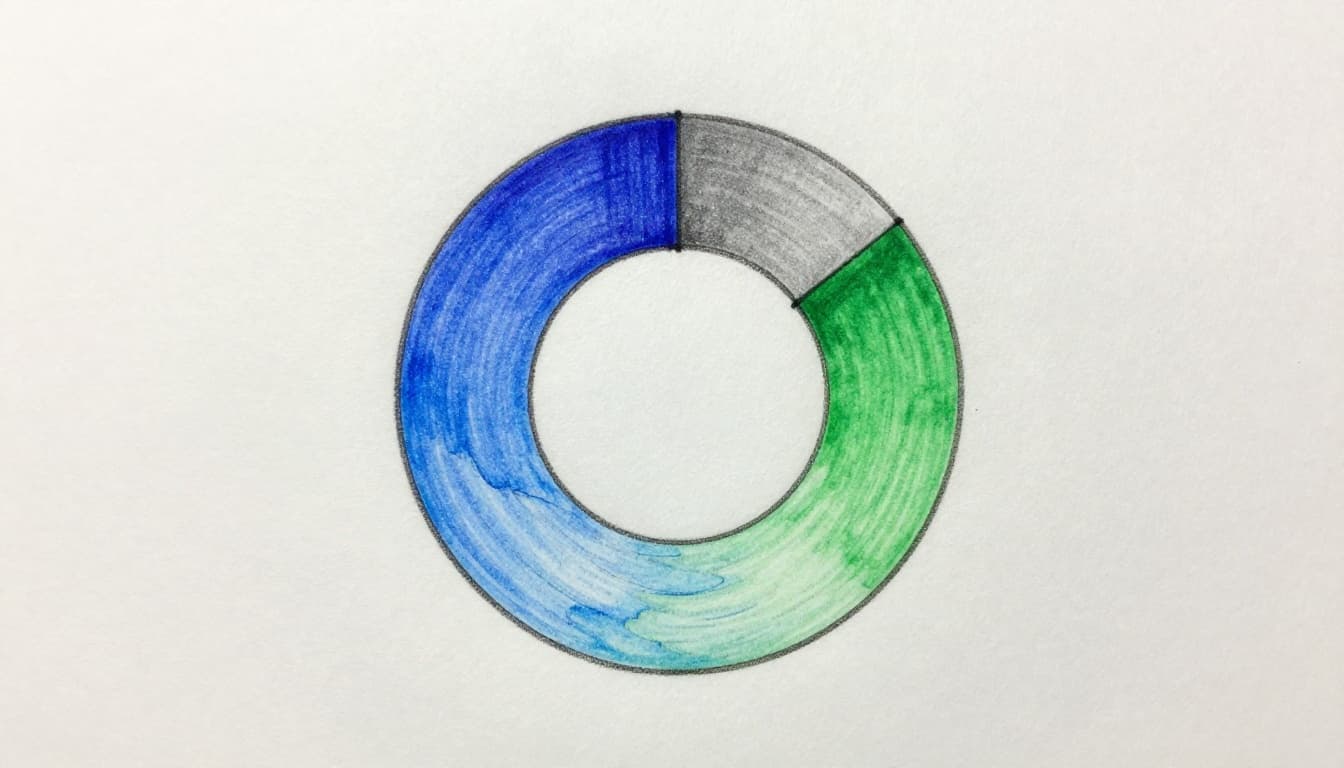 Hand-drawn sketch illustrating analogous color harmony with blue, blue-green, and green sections on a color wheel segment, featuring implied flowing ocean waves in cool tones with light shading and graphite linework on light gray paper.