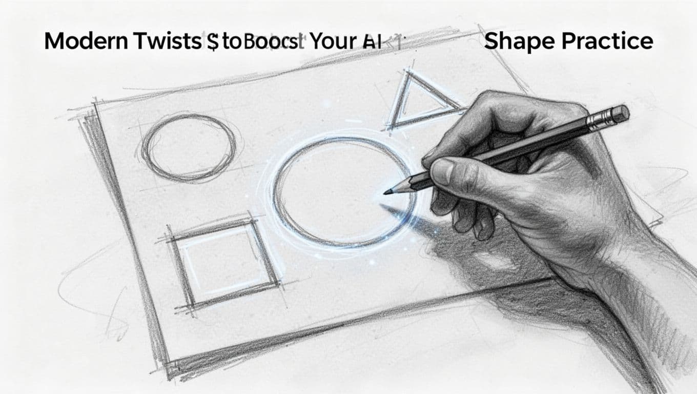 Loose hand-drawn graphite sketch of paper on a table with faint AR-projected outlines of a circle, square, and triangle. A hand holds a pencil tracing the circle, featuring subtle glows on projections and light shading on a white background.