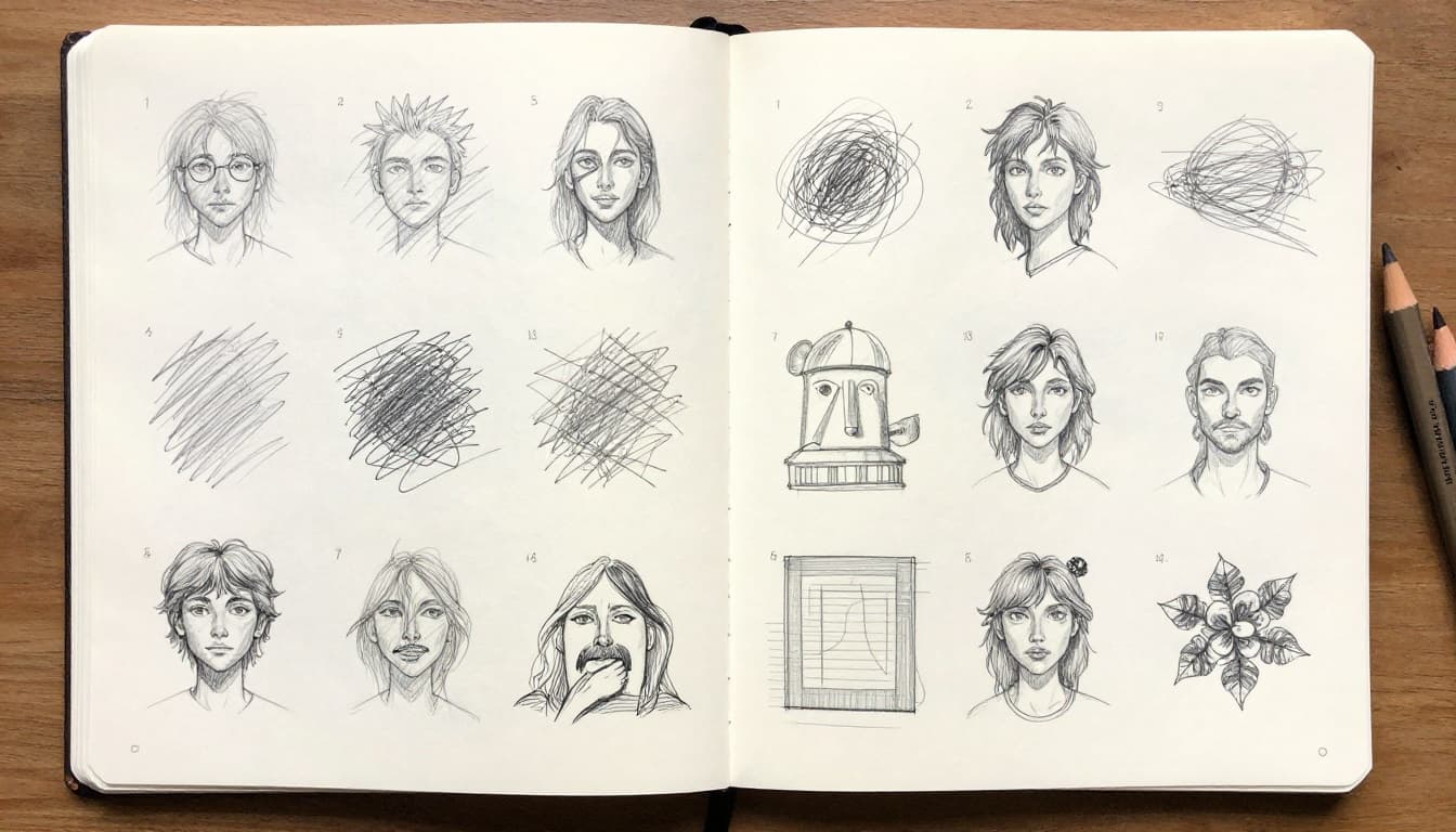 Open art journal on a desk shows a sequence of dated sketches improving from basic scribbles to detailed drawings across pages, with colored pencils nearby, in realistic top-down photo style.