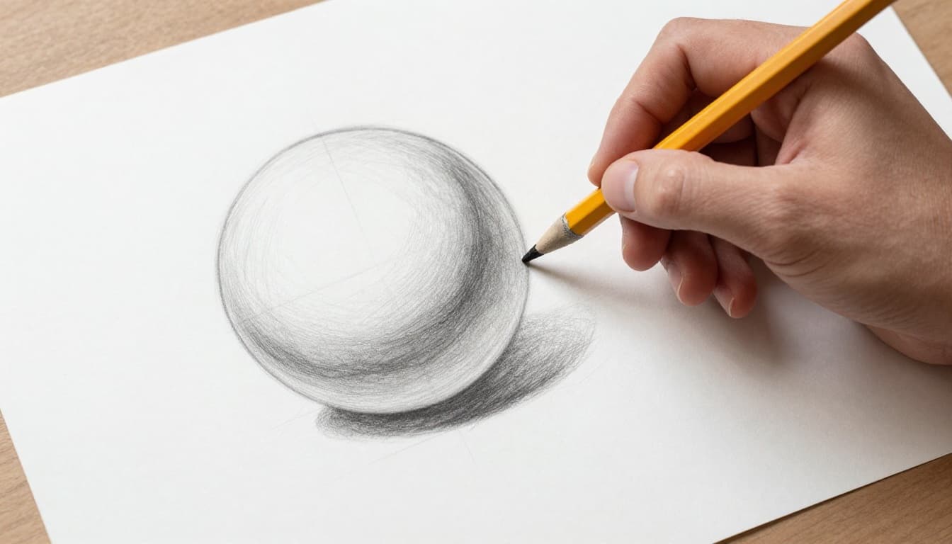 Hand-drawn graphite sketch of an artist's hand holding a pencil and blending stump on paper next to a shaded sphere, showcasing traditional shading techniques in a simple workspace.