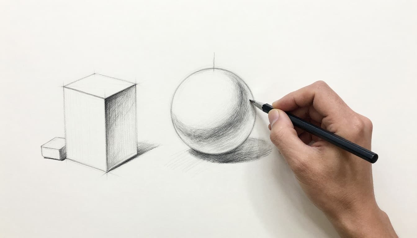 Hand-drawn graphite sketch of an artist's hand holding a pencil to shade a sphere on paper, with light from top-left, stump and eraser nearby, on clean white background.