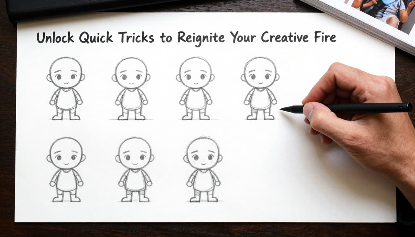 Artist redraws the same simple character multiple times on a page, showing side-by-side progression from rough sketch to detailed version on a desk with reference photo and focused expression.