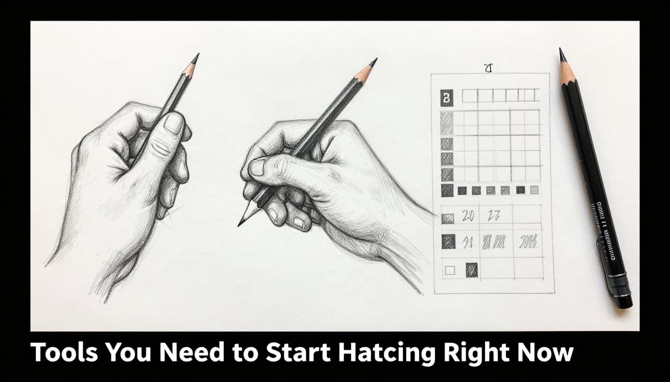 Hand-drawn graphite sketch of an artist's desk featuring essential beginner tools for hatching: 2H pencil, 2B pencil, 0.1mm fine-line pen, and scrap paper with value scale practice, arranged simply on a table against a clean white background.