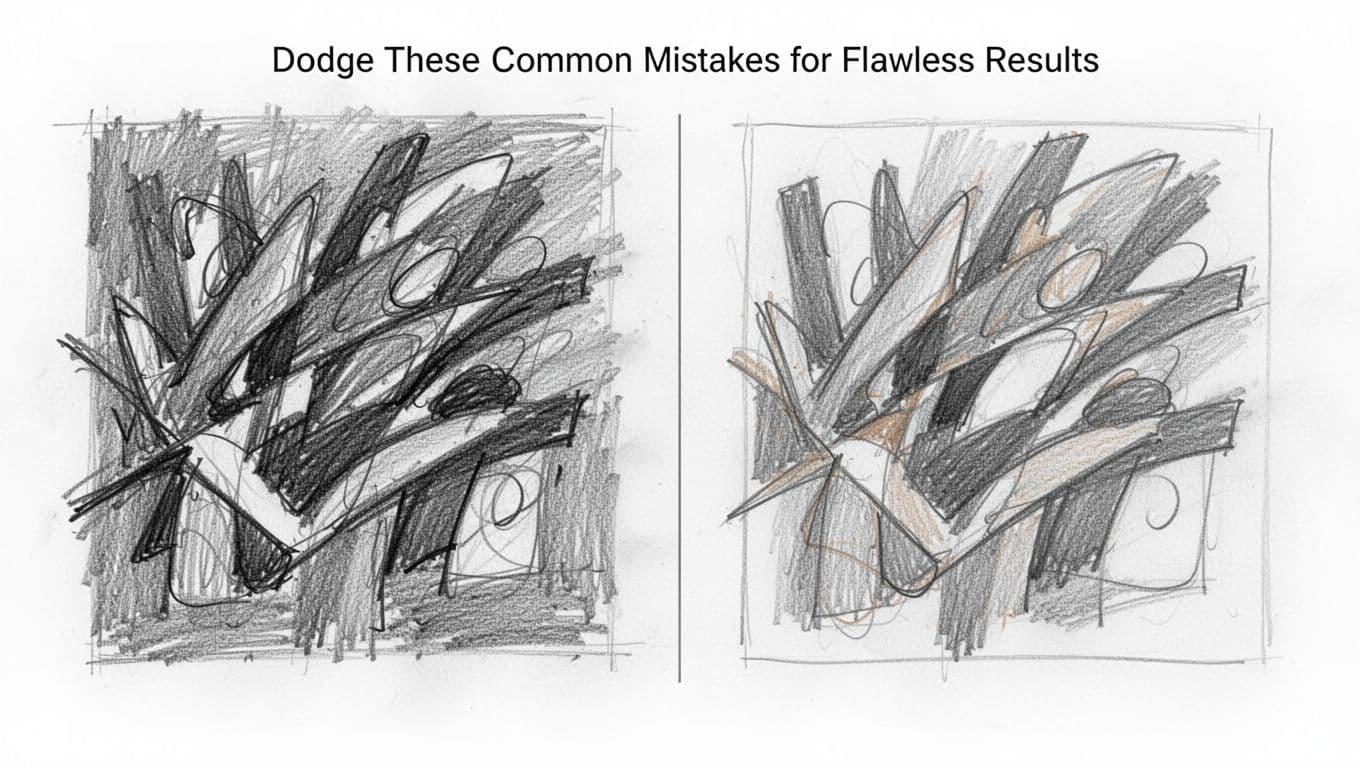 Side-by-side graphite pencil sketches: left panel shows chaotic abstract with clashing color indications via messy lines and shading suggesting overload; right panel is the cleaned-up version with harmonious tones, clean lines, and focused composition; divided by thin vertical line on white background.