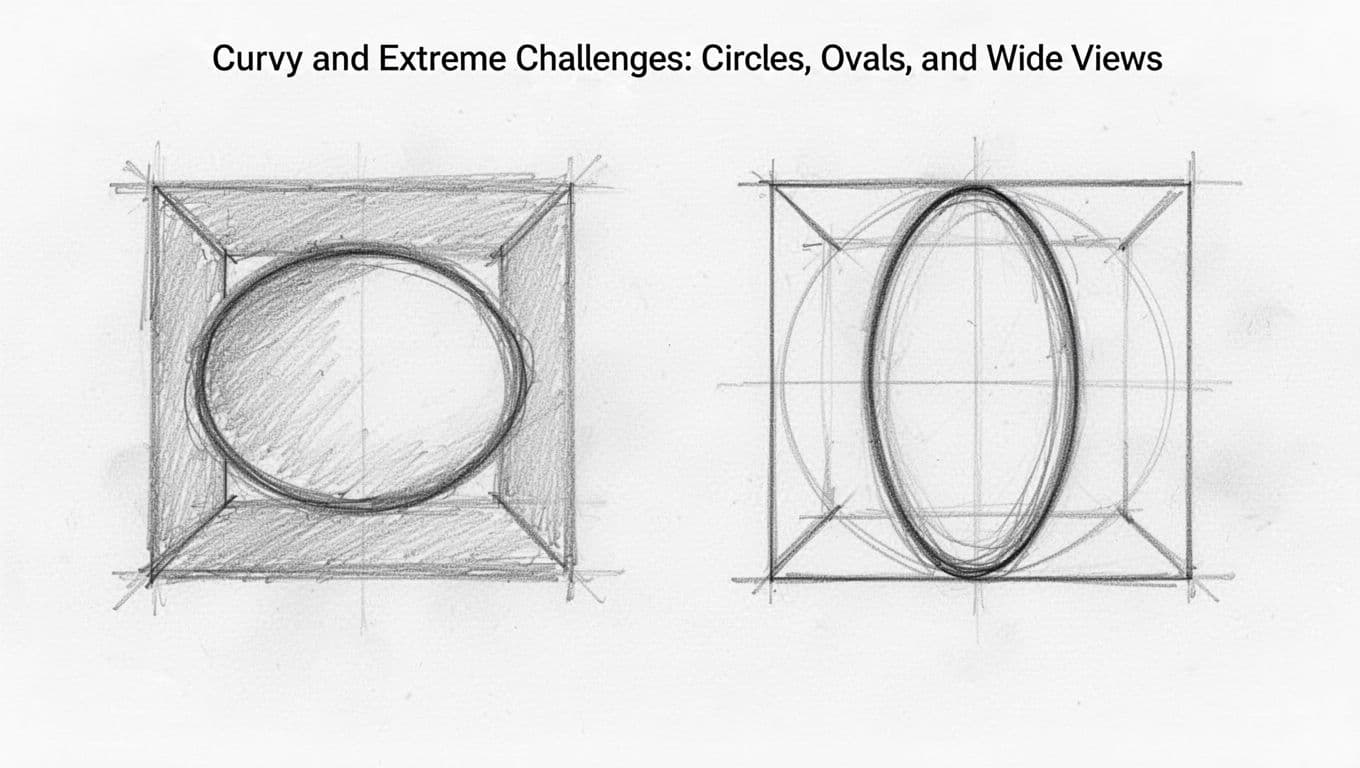 Hand-drawn sketch comparing incorrect lopsided oval inside a square (left) with correct ellipse touching midpoints of all four sides (right) for accurate circle perspective representation.