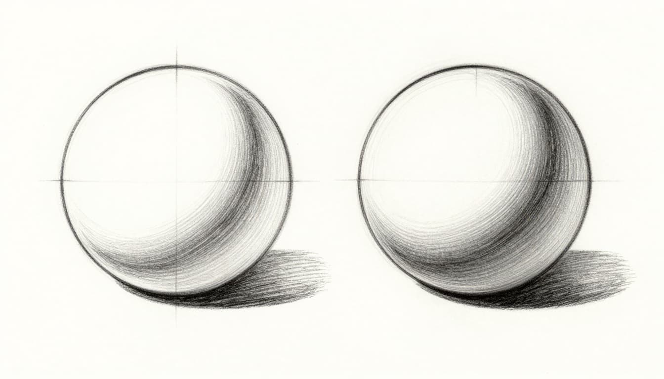 Hand-drawn graphite sketch on white paper showing side-by-side a simple outline circle on the left and a realistically shaded sphere on the right, illustrating progression from 2D flat shape to 3D form with highlight, core shadow, reflected light, and cast shadow.