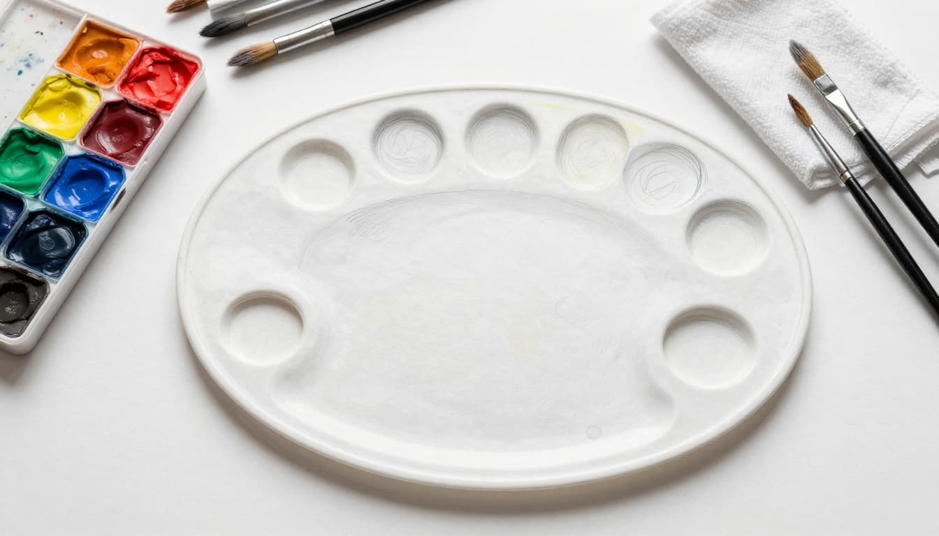 Hand-drawn graphite sketch of a clean painting palette scraped smooth with neatly arranged piles of red, yellow, blue, and green paints, plus wiped-clean brushes resting on a rag, in a simple top-down studio table view on light gray paper.