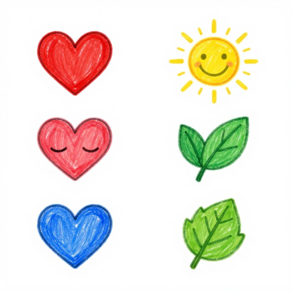 Hand-drawn graphite sketch of four icons representing emotions through colors: red heart for energy, blue wave for calm, yellow sun for happy, green leaf for peace, arranged in a simple grid on white background with light shading, no text labels.