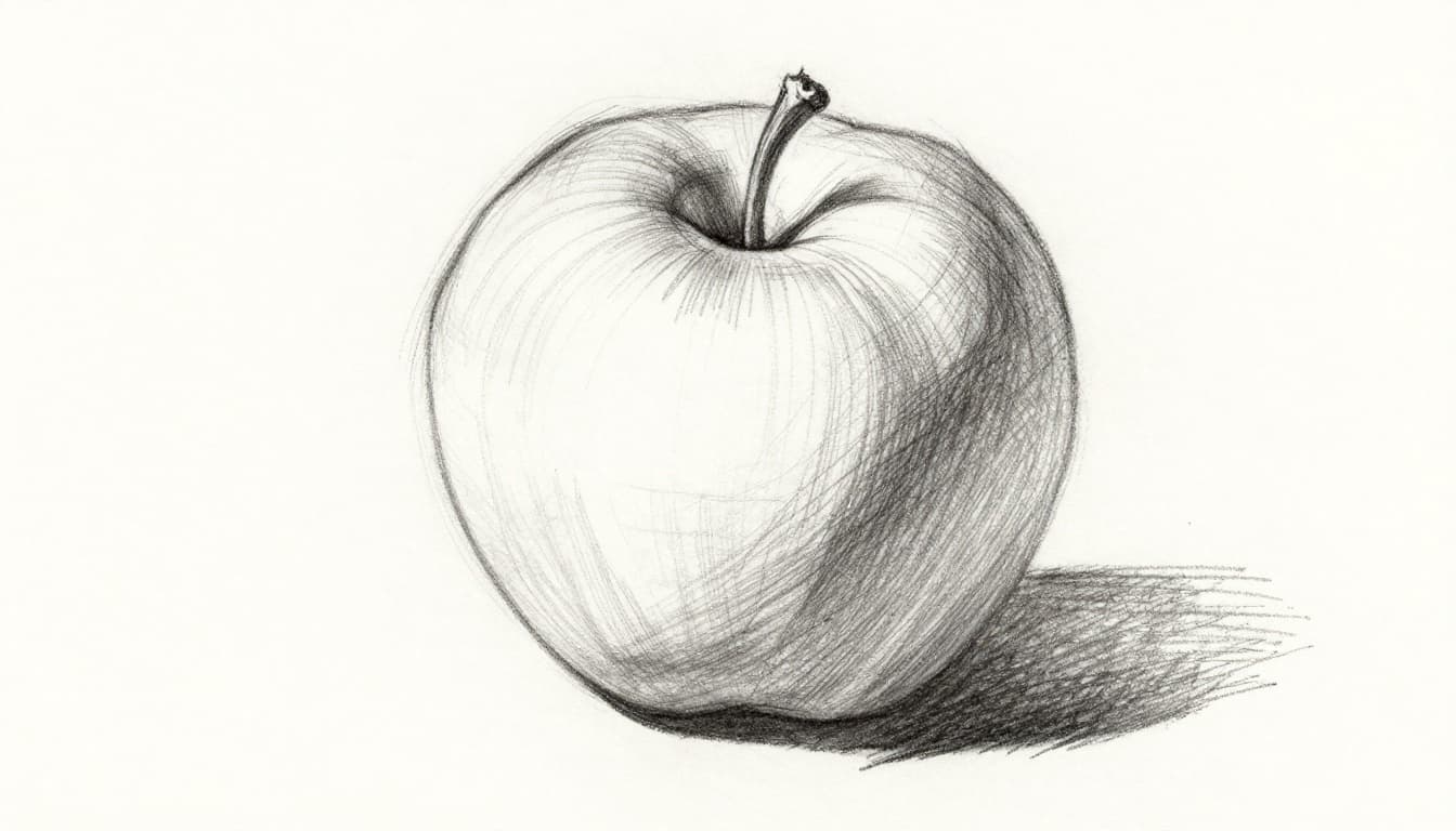 Hand-drawn graphite sketch of a curved apple using contour hatching, with lines curving around the form to create volume, spaced mid-tones, and denser shadows on clean white paper.