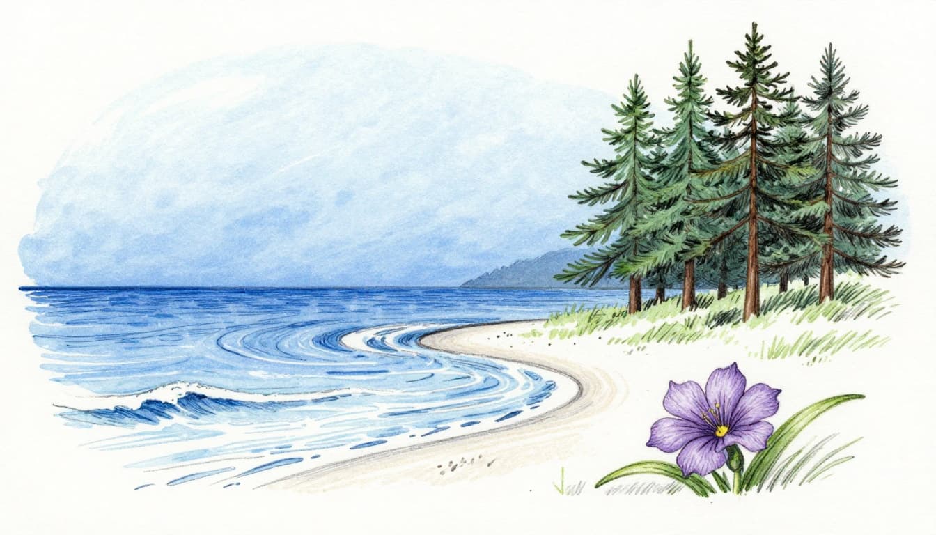 Serene graphite linework sketch on white paper depicting a navy blue ocean wave, sky blue horizon, pine green tree, and lavender flower with light cool palette shading to illustrate colors that recede into the background.