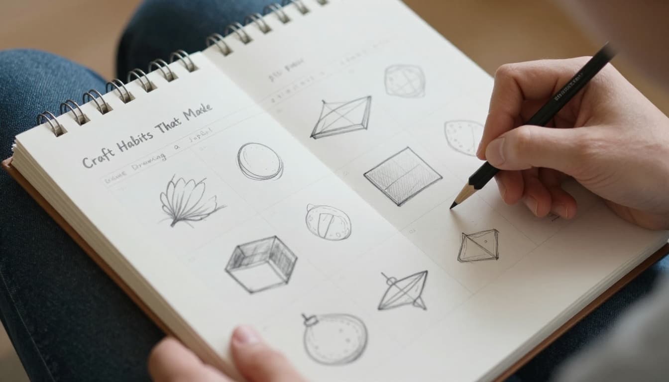 Artist comfortably sketching basic shapes in a cozy routine setup with a calendar marked for daily goals nearby, relaxed pose, pencil in hand, sketchbook in foreground, hand-drawn graphite style on light gray paper.