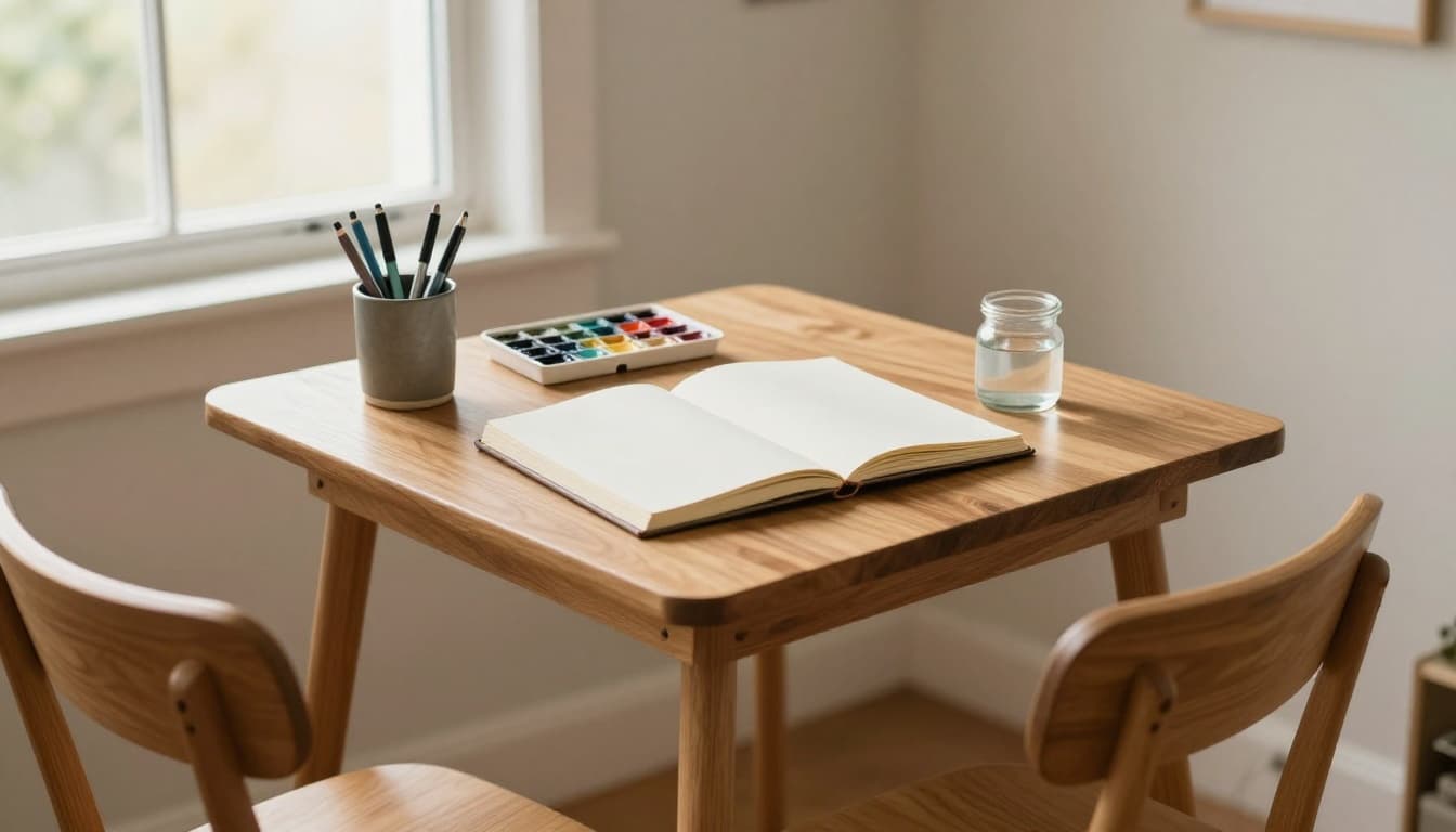 Cozy corner of a living room desk setup for quick art sessions: small wooden table with open sketchbook, pens in a cup, compact watercolor palette, water jar, natural light, simple chair, warm lighting, realistic photo, minimal clutter.