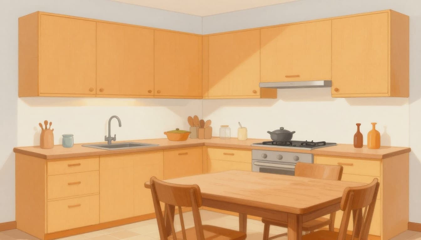 Graphite-style sketch of a simple cozy kitchen interior featuring warm orange-yellow accents on counters and walls, wooden table and chair, soft lighting on light gray background, no people or text.