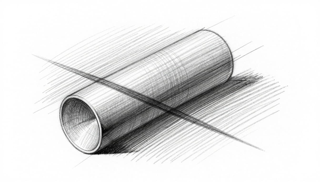 Hand-drawn graphite sketch showing cross-hatching buildup with horizontal lines transitioning to diagonal crosses for a light-to-dark gradient on a shadowed cylinder.