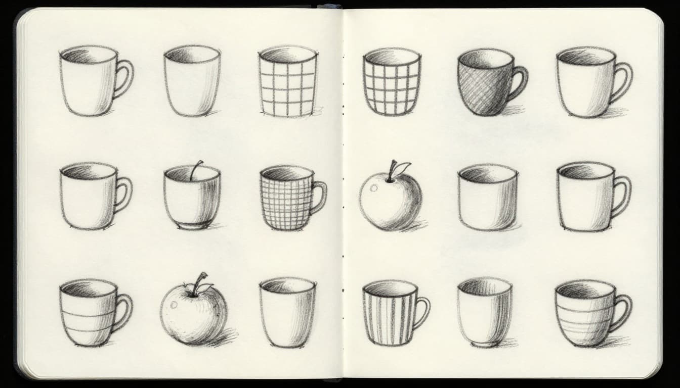 Open sketchbook page with quick daily sketches featuring simple shapes, grids, negative space exercises around mugs and fruits, graphite linework and light shading on textured paper.