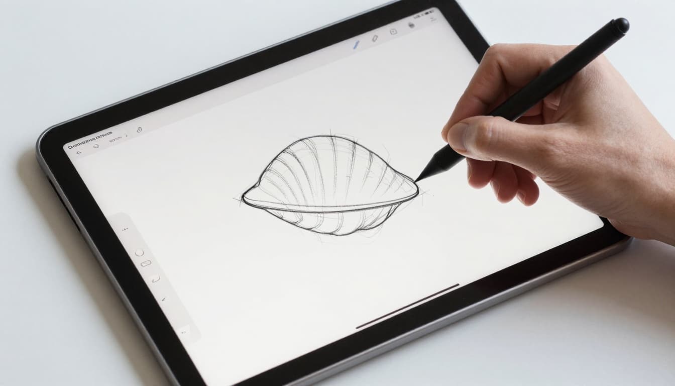 Artist's relaxed hand holds a stylus on a digital tablet, sketching a simple shell outline in graphite-like linework on an angled screen mockup, set on a clean desk with light shading and white background.