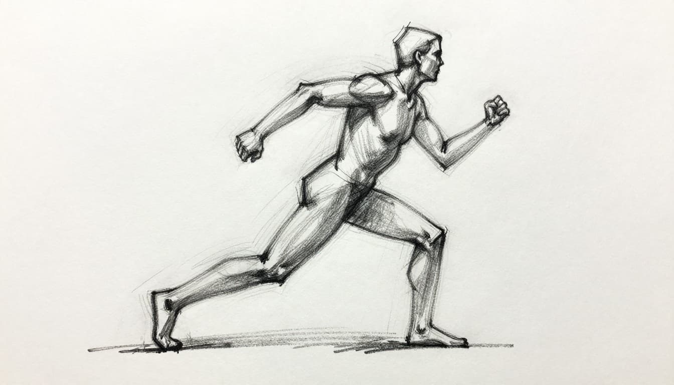 Hand-drawn graphite sketch of a single figure in motion on clean white paper, using curved gesture lines varying in thickness and direction to convey flow and energy, with loose contours for 3D form and light shading.