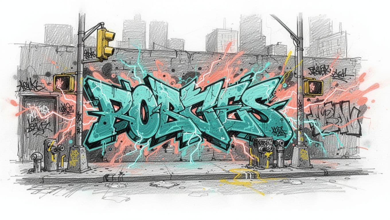 Dynamic street art scene sketch with bold electric pops including neon aqua graffiti walls, electric coral highlights, and bold yellow accents on urban elements, rendered in hand-drawn graphite pencil style with thin energetic linework and subtle shading.