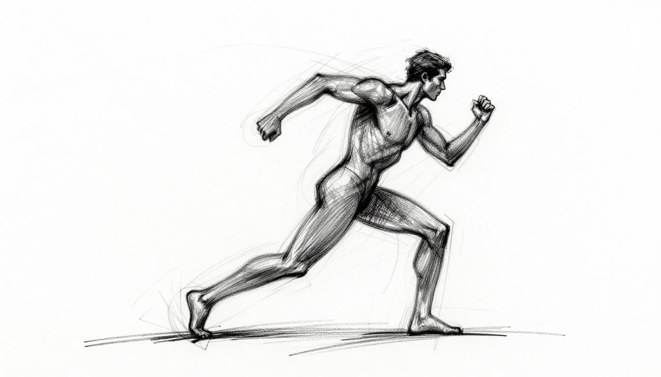 Quick gesture drawing of a twisting human figure in motion, capturing energy lines and curves with hand-drawn graphite sketch and minimal light shading on white paper.