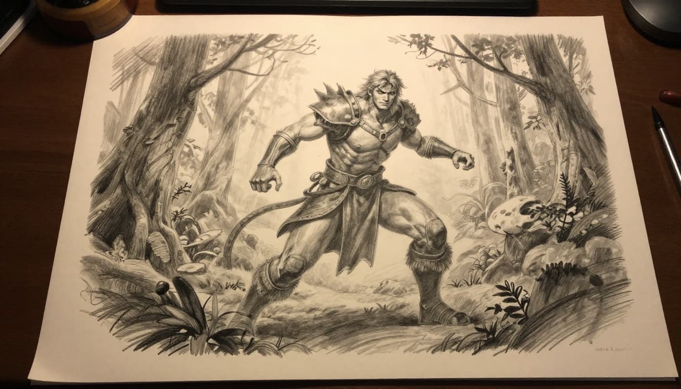 Confident traditional pencil sketch of a full fantasy character in dynamic pose amid forest trees, with subtle anatomy and clothing details on realistic paper under warm lamp light.