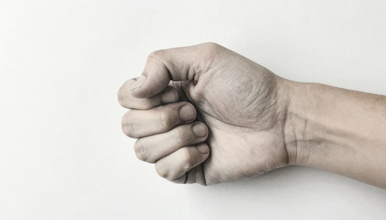 Close-up hand-drawn graphite sketch of one hand performing finger curls: fingers curling into a tight fist and opening wide against resistance on a simple table surface, with light shading on clean white paper background.