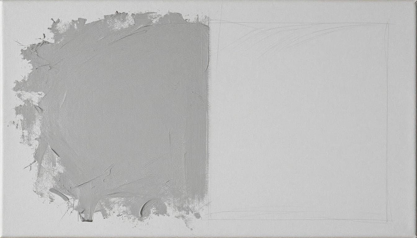 Side-by-side hand-drawn graphite sketch showing muddy gray canvas area scraped off and glazed with fresh clean color, brush adding thin layer on textured canvas.