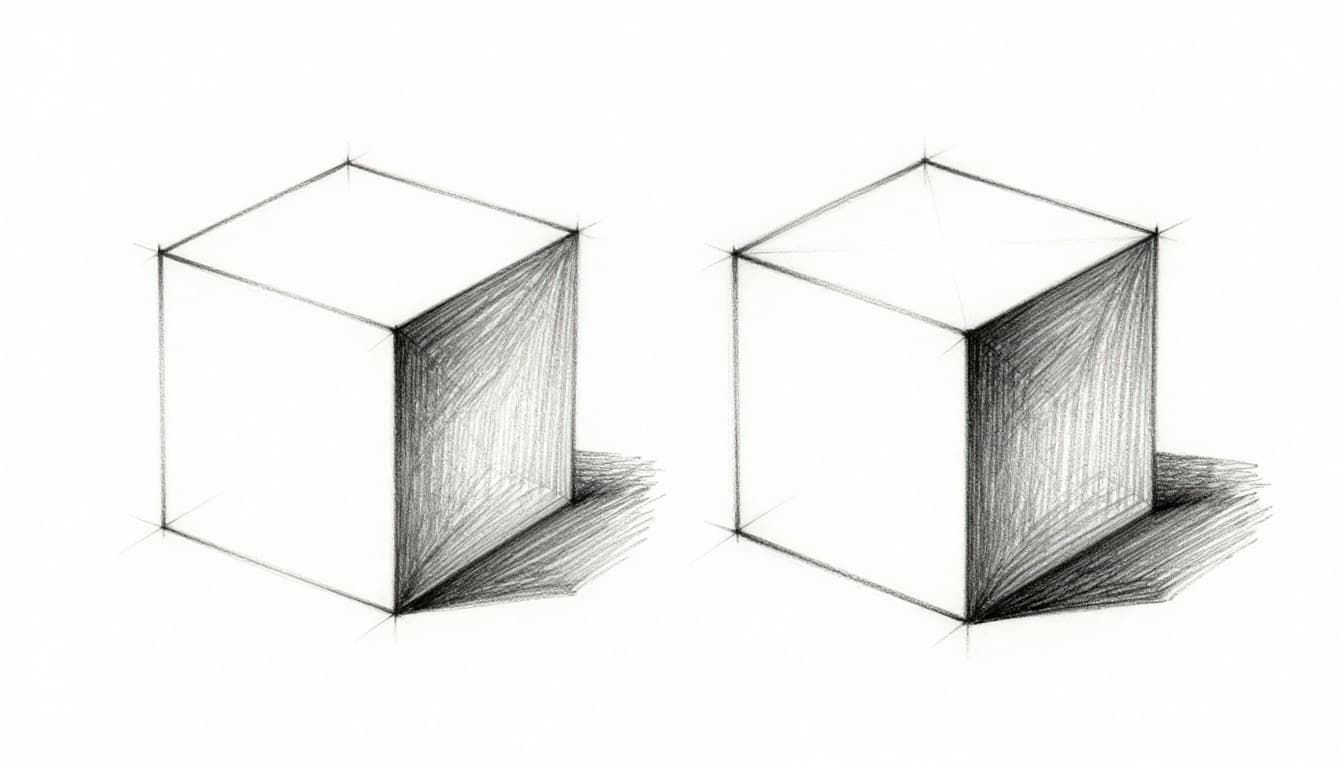 Hand-drawn graphite sketch on white paper: flat square on left, realistic 2-point perspective cube on right with top-left lighting, shadows, and cast shadow.