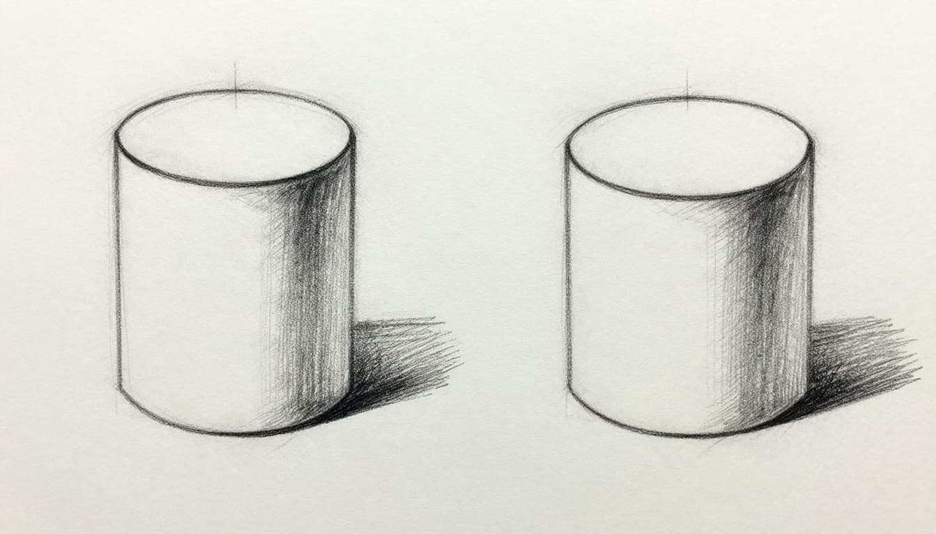 Hand-drawn graphite sketch contrasting poor uniform thin lines on basic shapes like cylinder, sphere, and cube making them look flat, with improved varied thick-thin rough-smooth lines adding depth on light gray paper.