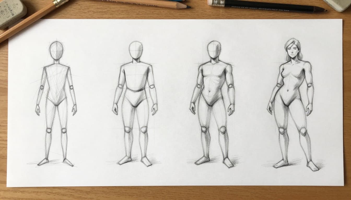 Sequence of four pencil sketches on white paper showing progression from shaky beginner stick figure to confident detailed character pose, arranged in a row on a wooden desk with scattered pencils and eraser, realistic style with soft natural light and paper texture.