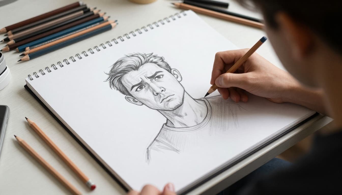 A beginner artist sits at a desk with a sketchbook open to a plateaued drawing, looking frustrated yet determined amid scattered pencils. Hand-drawn sketch style with graphite linework, light shading, and clean white background.
