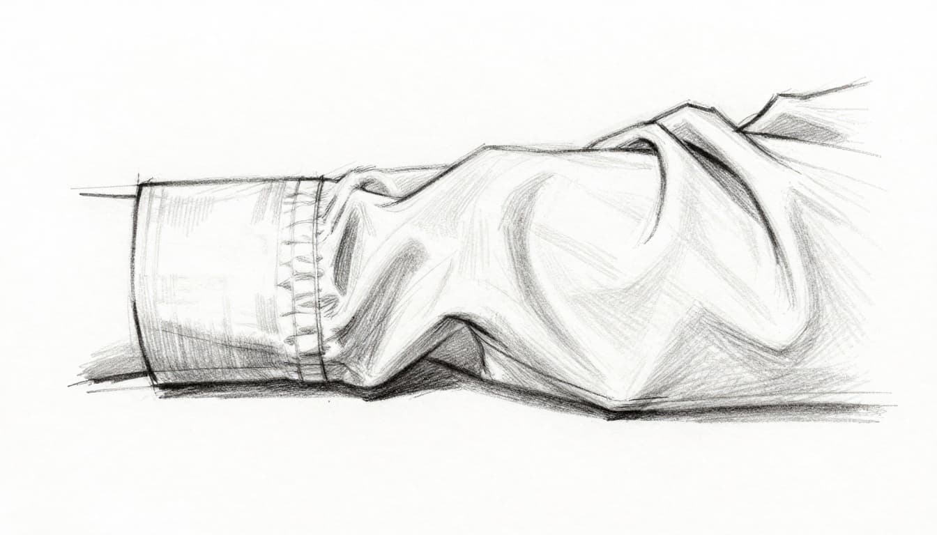 Hand-drawn graphite sketch of fabric folds on a sleeve with proper shading, featuring crisp lit edges, soft shadows, 3-5 values per crease, and reflected light color shifts implied by tone on clean white paper.