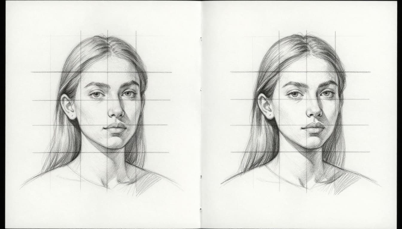 A beginner's pencil sketch illustrates the grid method for proportions in a simple face portrait, showing faint grid lines over a reference photo side-by-side with a matching grid on blank paper.