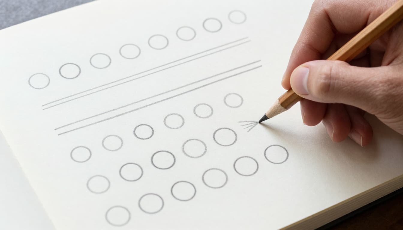 Top-down view of an artist's hand with pencil in loose grip drawing multiple straight lines and rows of circles from small to large on open sketchbook paper. Hand-drawn sketch style with graphite linework and light shading on clean white paper.