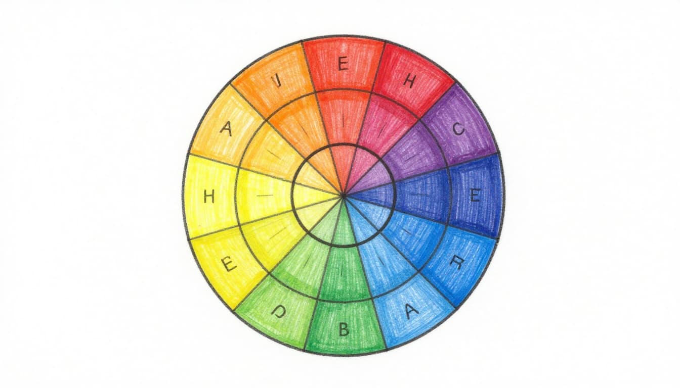 Simple 12-segment color wheel with primaries red at top right, blue top left, yellow bottom; secondaries orange, purple, green; tertiaries evenly spaced. Hand-drawn graphite pencil sketch style with thin linework, subtle shading, and clean white background, no color fills or text.