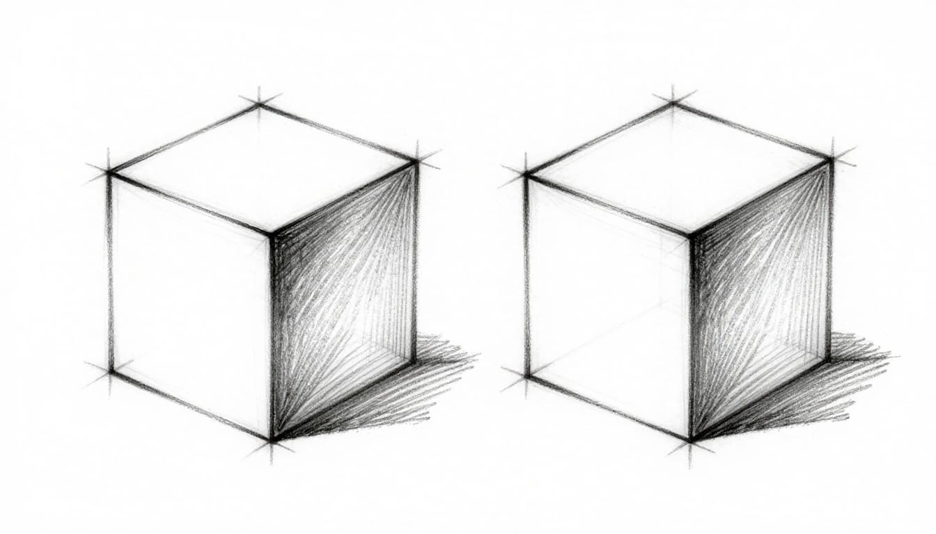 Hand-drawn graphite sketch of two overlapping squares connected by straight lines forming a 3D cube in one-point perspective, with the front square larger, back square smaller and angled, and light shading on bottom and side faces.