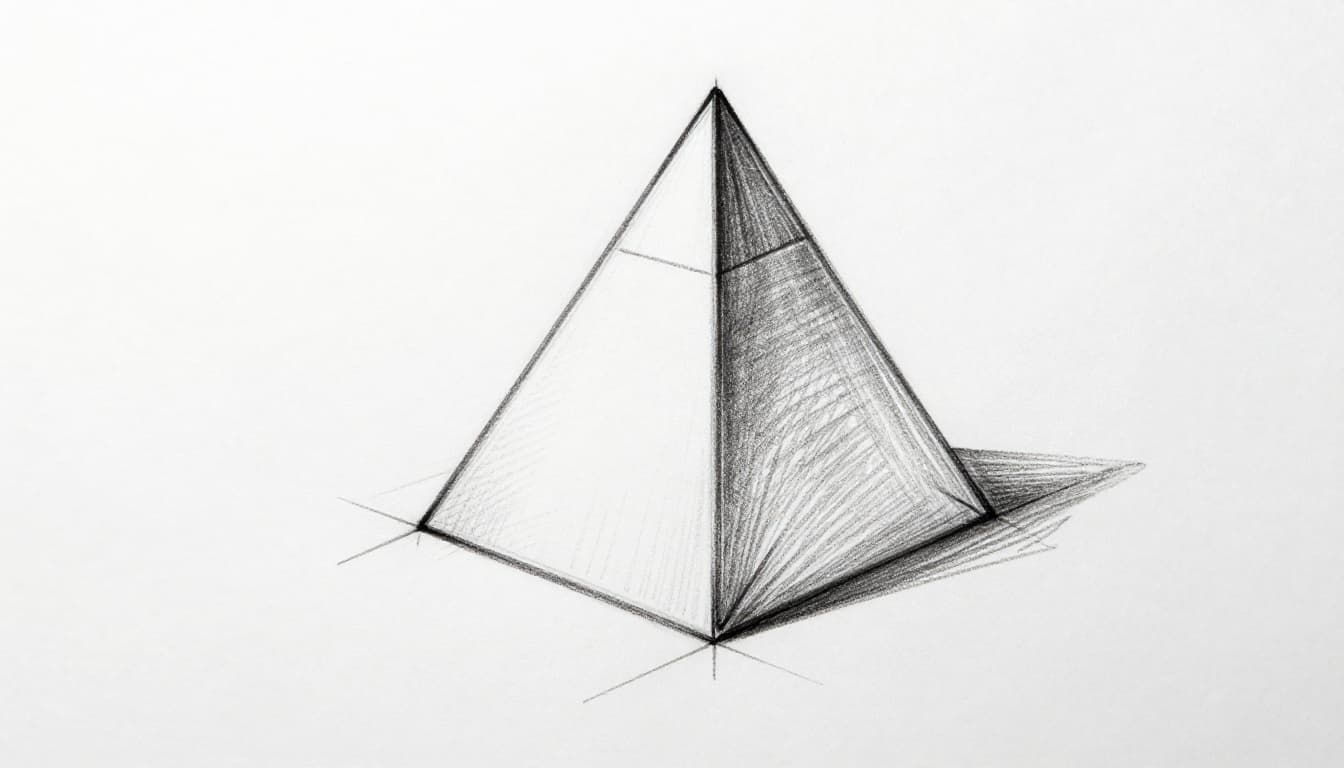 Graphite sketch of a 3D pyramid with square base and a prism with triangular bases, side by side on white paper, featuring light shading and consistent line weight.