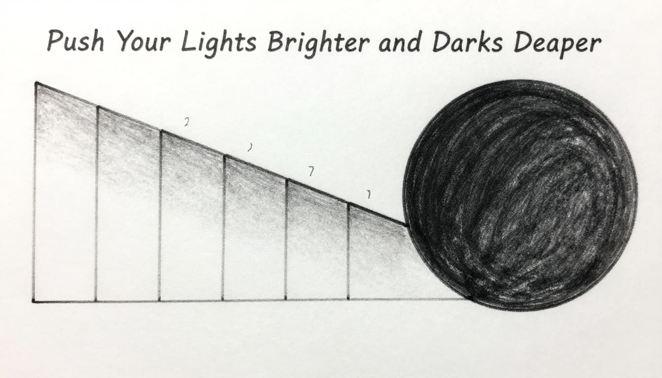 Hand-drawn graphite sketch of a value scale from pure white to black with 7 smooth transition steps, and a circle gradient from light to dark below it, on a clean white paper background.