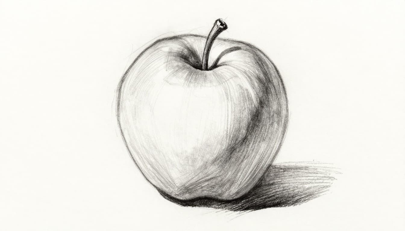 Hand-drawn graphite sketch of a round apple on clean white paper background, lines vary in thickness with thicker darker lines at bottom for shadow and weight, thinner lighter lines on top and edges for highlight and detail, subtle light shading for form.