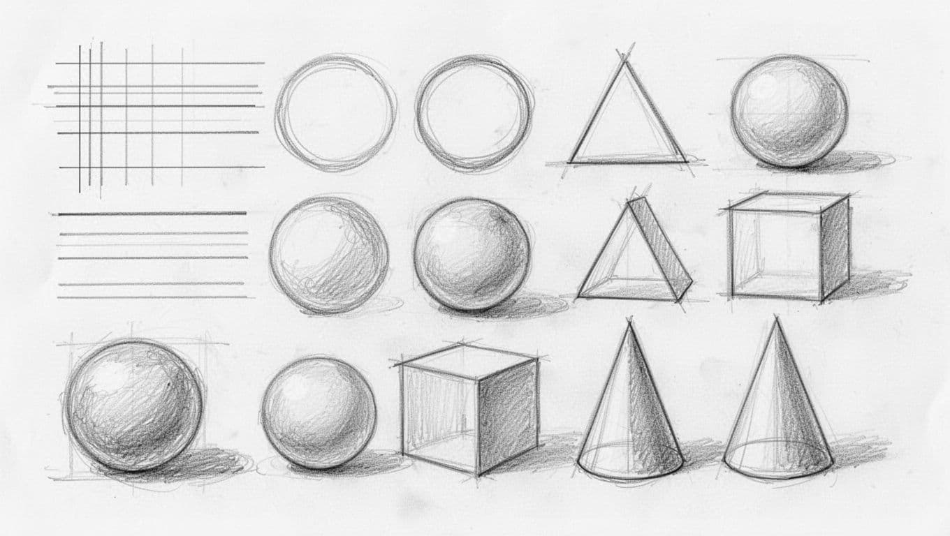 Hand-drawn practice page with straight lines, smooth circles, squares, triangles, stacked simple contour 3D forms like sphere, cube, cone; graphite lines and light shading on white paper background, loosely filled cohesive sketch style.