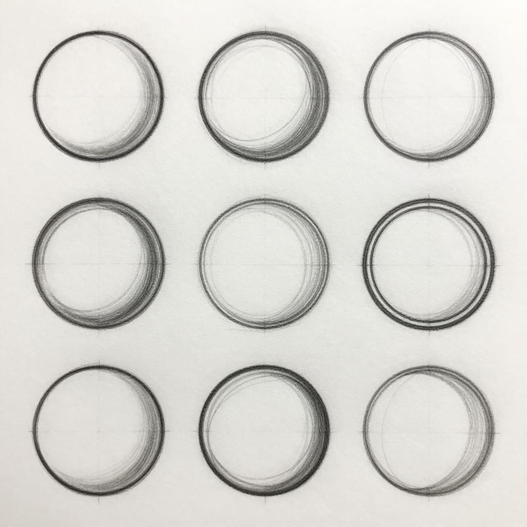 Hand-drawn graphite sketch of smooth circles in varying sizes, some featuring contour lines for a 3D sphere illusion, arranged loosely on white paper.
