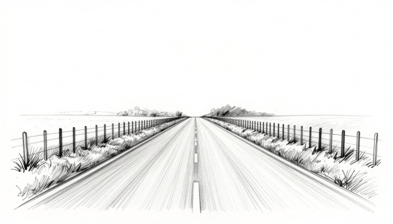 Hand-drawn graphite sketch of a straight country road receding into the distance on white paper, with parallel edges converging to a single vanishing point on the horizon, simple fence posts, and distant trees.
