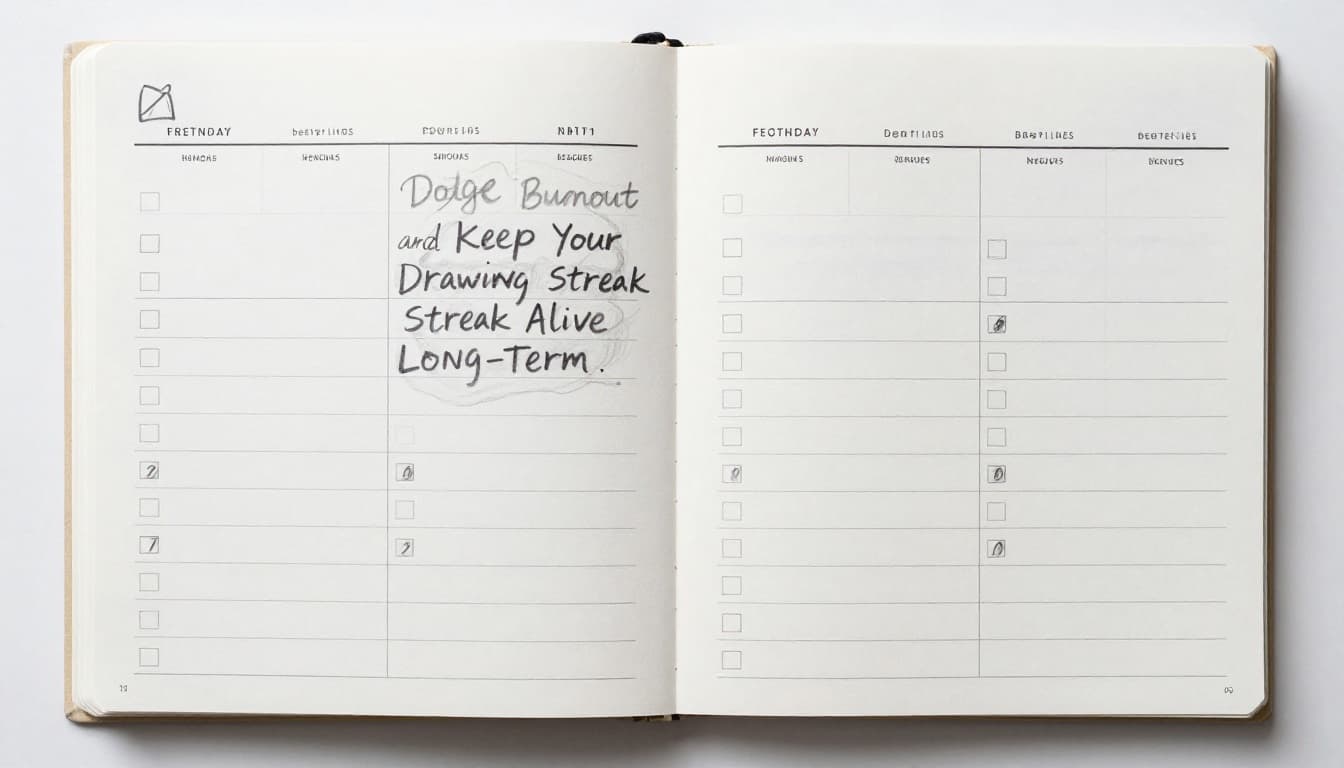 Open planner page showing a monthly calendar with marked checkboxes for daily drawing, simple progress notes like 'better lines', and small hand-drawn sketches in margins, in graphite linework style on clean white paper, top-down landscape view.