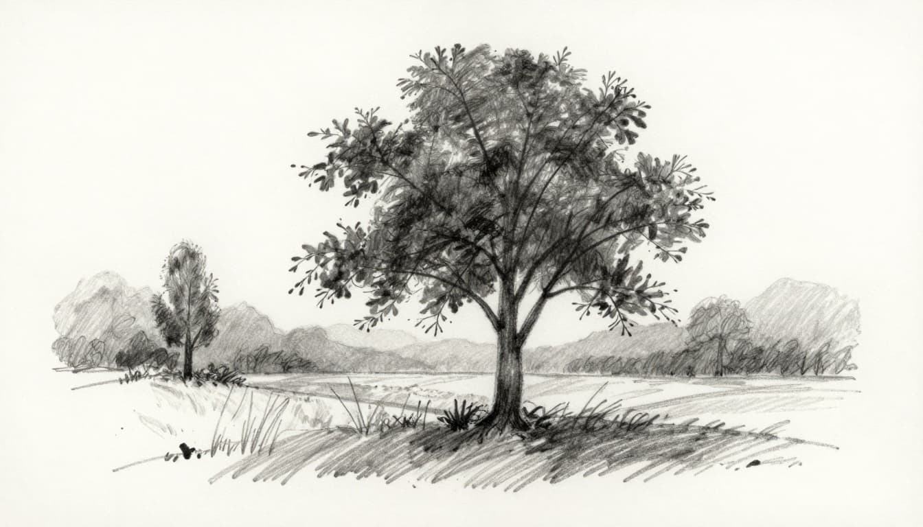 Hand-drawn graphite sketch of a simple landscape on clean white paper, featuring a detailed foreground tree in warm tones, blurry midground, cooler background, and atmospheric perspective with shadows for depth.
