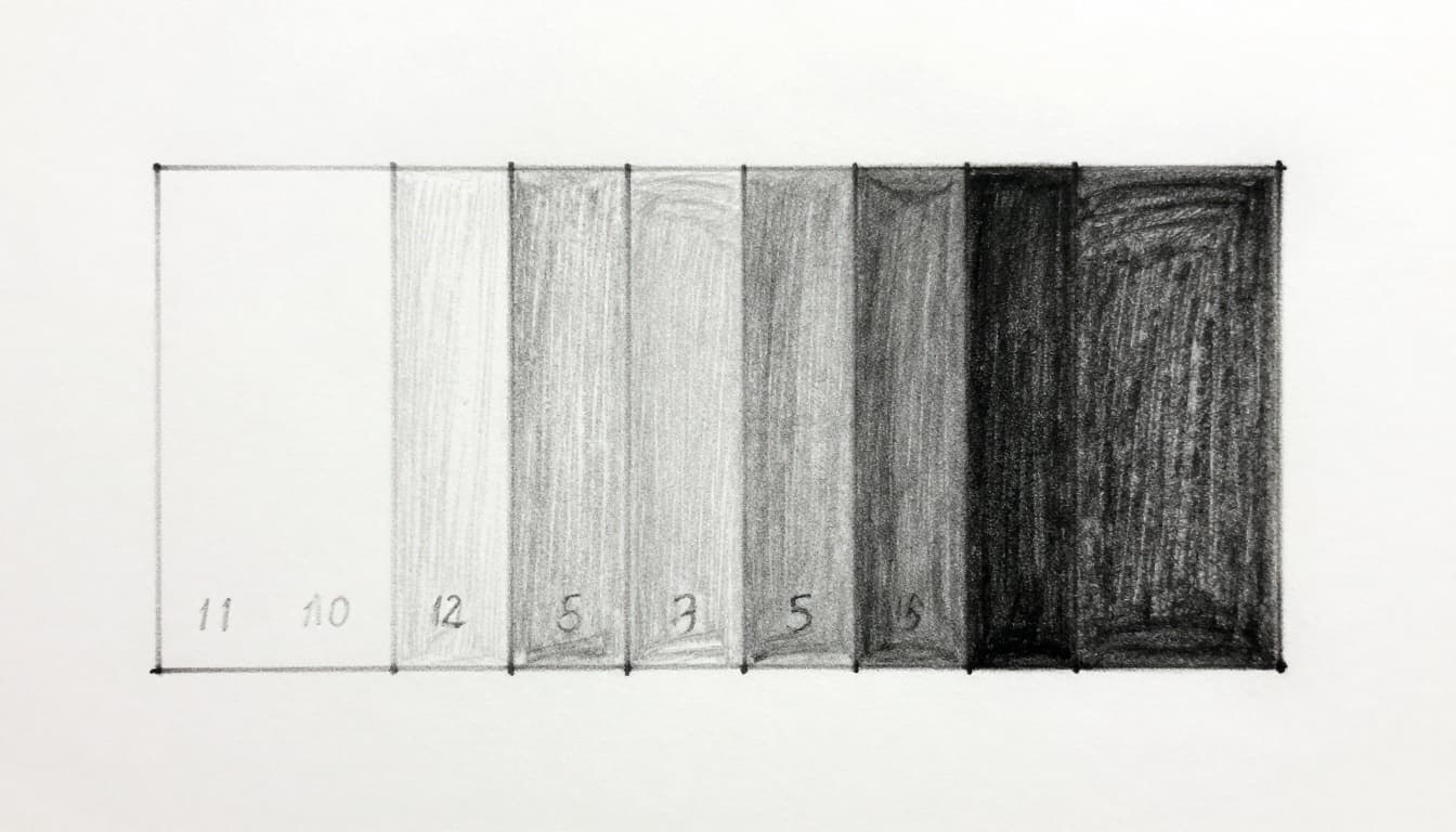 Hand-drawn graphite sketch of a value scale showing 10 gradual tones from white to black on clean white paper background, with straight line bars side by side and subtle shading transitions.