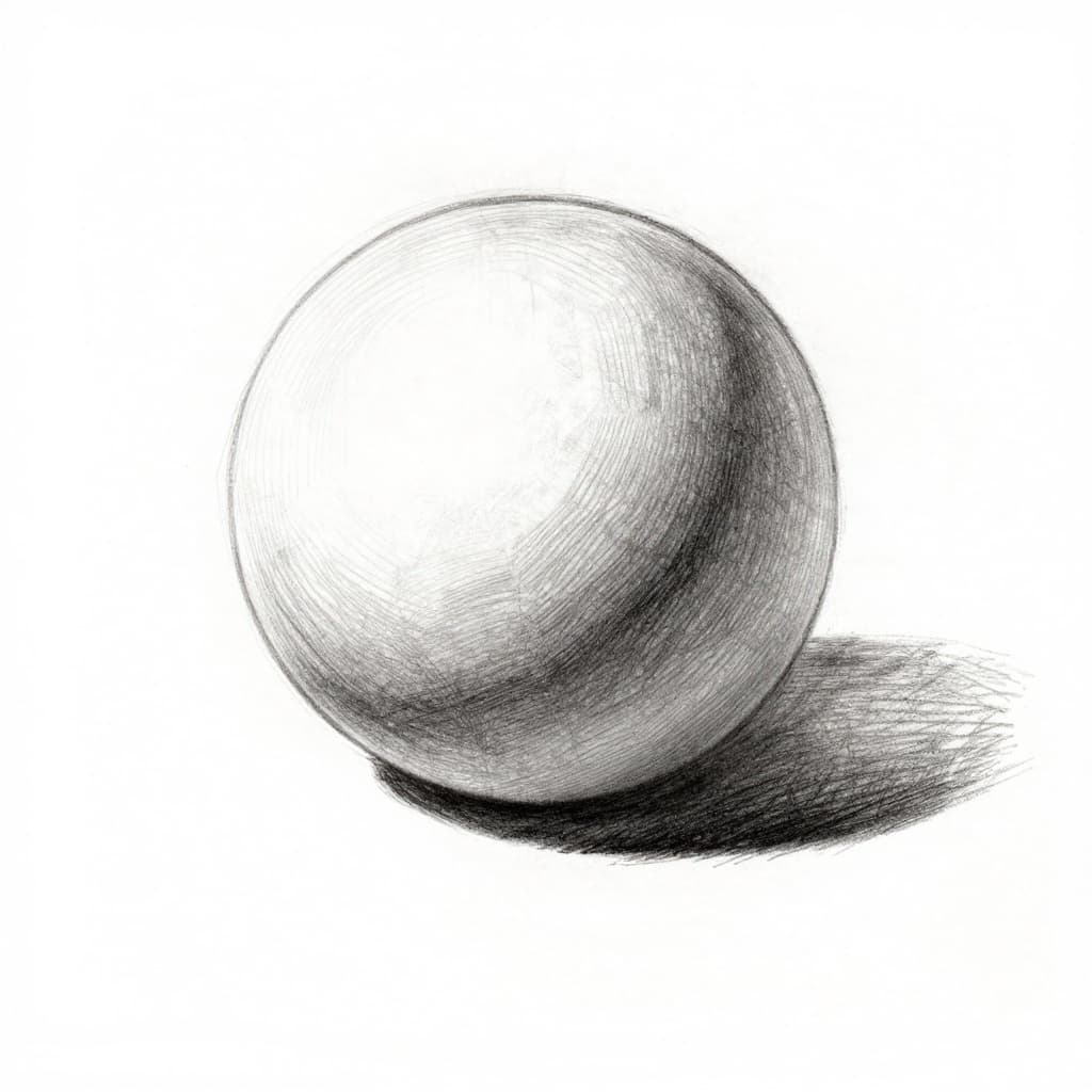 Hand-drawn graphite sketch of a realistically shaded sphere featuring highlight top-left, core shadow right, cast shadow bottom-right, reflected light, and subtle blends on clean white paper background.