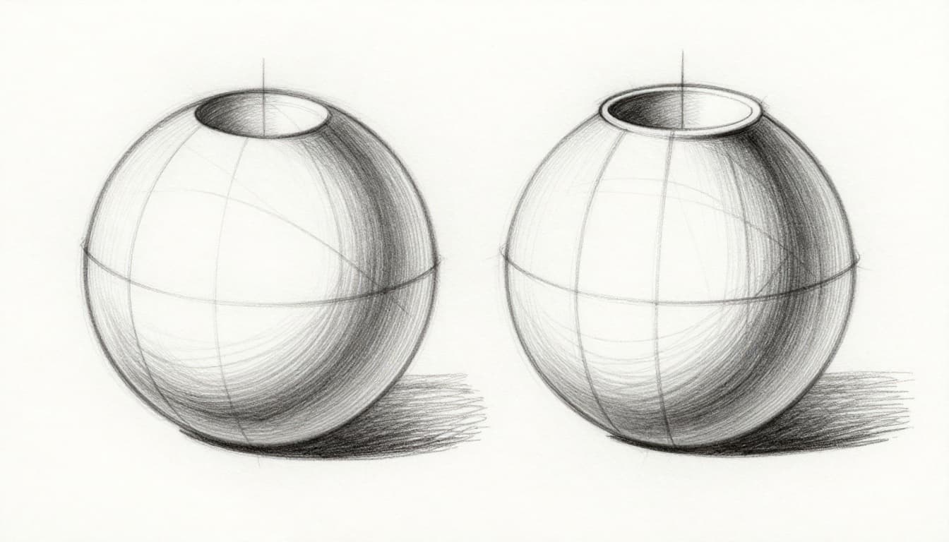 Hand-drawn graphite sketch of a 3D sphere with curved contour lines wrapping horizontally and vertically, tighter near edges, alongside a cylinder with straight vertical and curved horizontal contours, light gradient shading darker on far sides, on clean white paper.